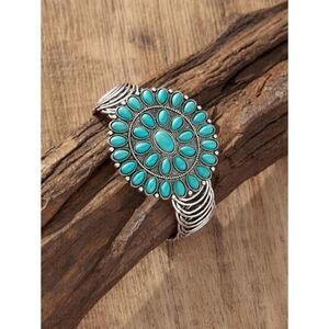 Western Squash Blossom Flower Turquoise Silver Bracelet